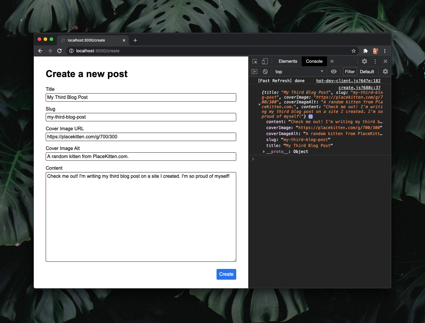 Window showing the create page and inputs on the left and the dev tools console on the right. The console shows an expanded JSON object with the form values correctly stored.